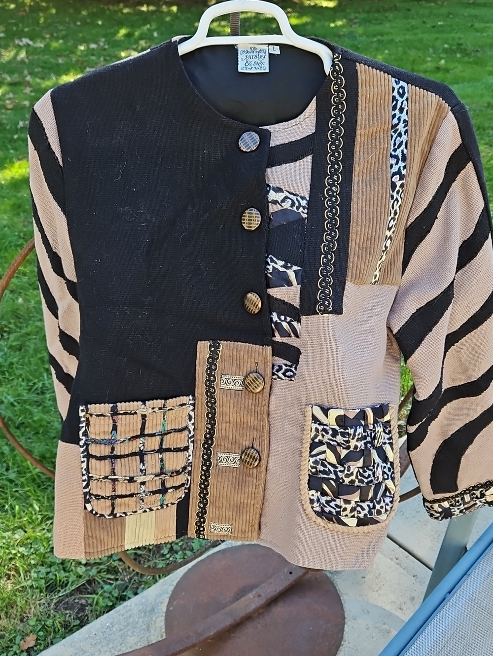 Paisley & Sage Animal Print Art. Mixed-Pattern Lined Jacket in Black & Tan Sz L